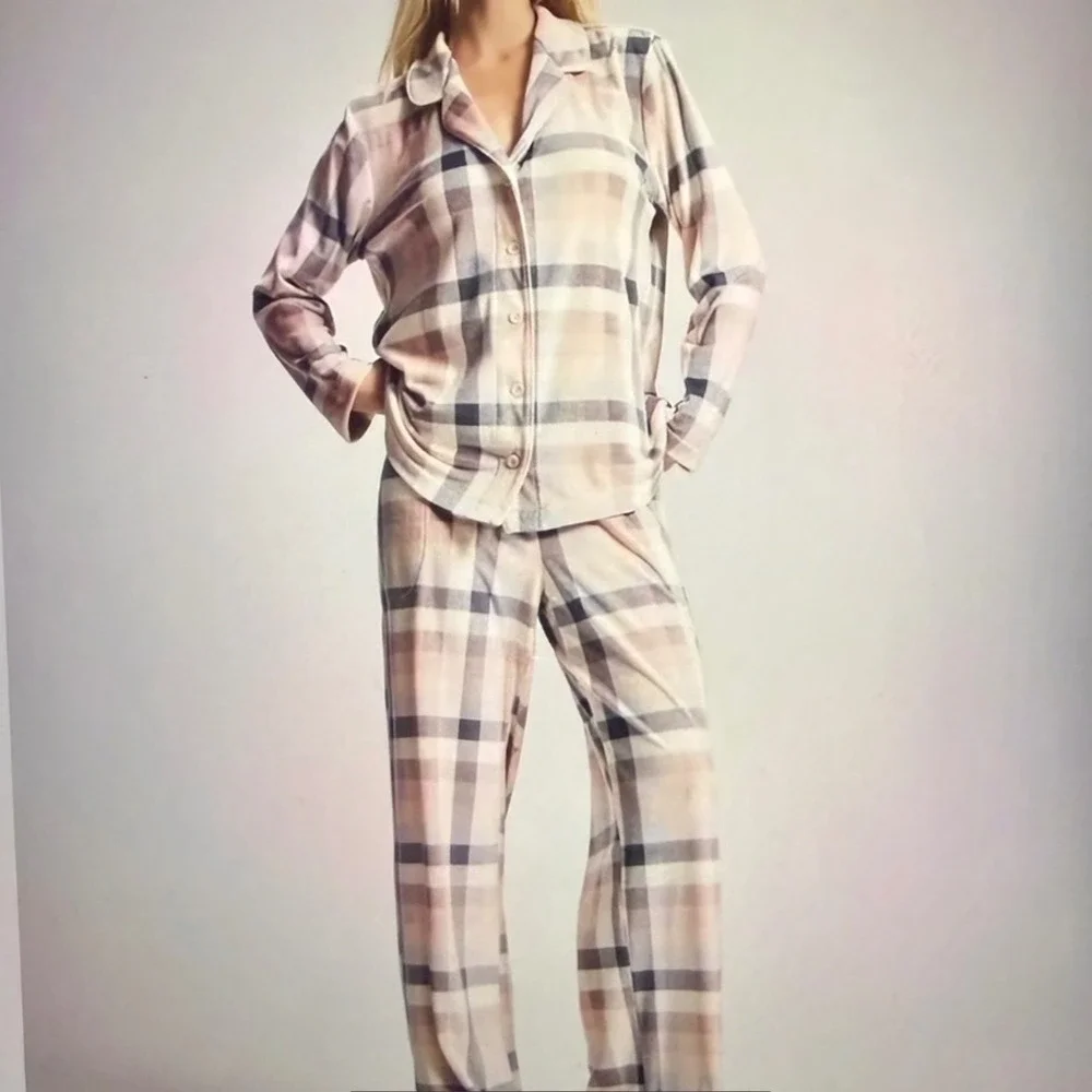 SOMA Microfleece PJ Set Notch Neck Jogger Pants Prism Plaid Grey L New W/ Tags - Picture 1 of 5